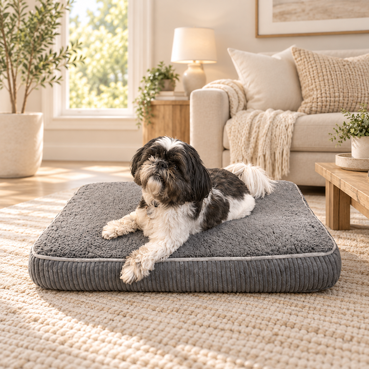Black-and-white dog resting on a gray Talalay latex dog bed in a sunlit living room
